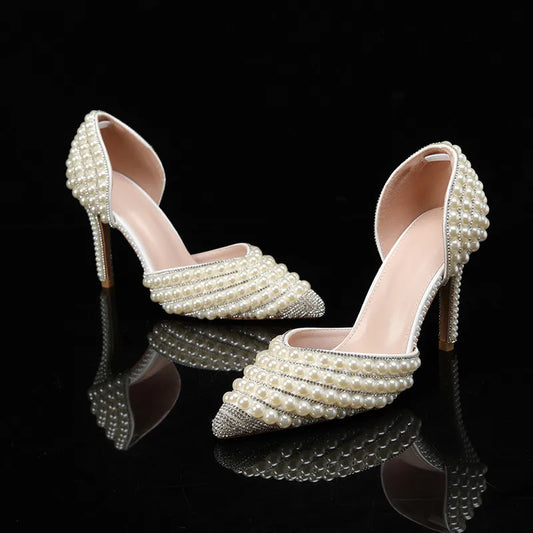 Luxury Handmade Full Pearls Rhinestones Wedding Women Pumps Elegant Pointed toe Bridal Thin High heels Fashion Party Prom Shoes