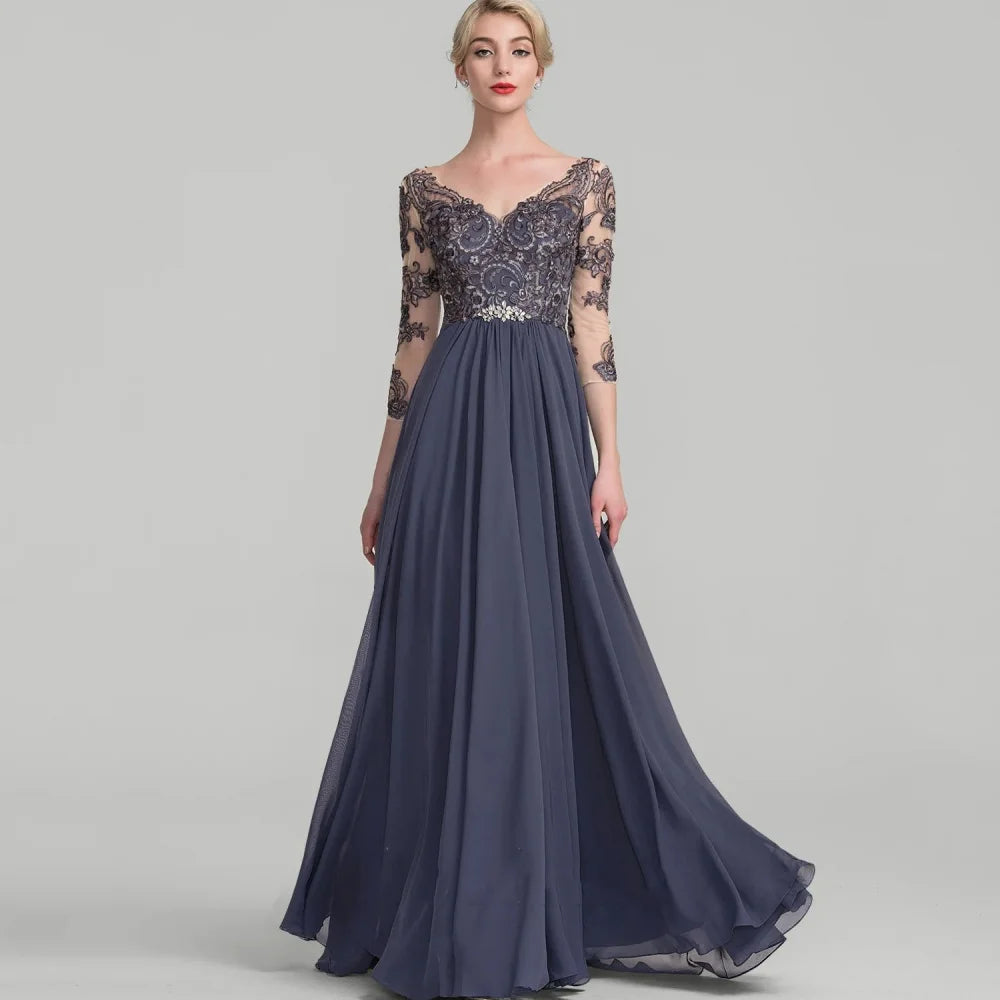 Mother Of The Bride Dress - V Neck Crystal Evening Gowns Elegant A Line Bride Party Dress Lace robes invitée mariage