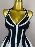 Sexy Backless Black White Stripes Halter Bandage A Line Short Dress Women Celebrity Elegant Evening Party Holiday Club Dress
