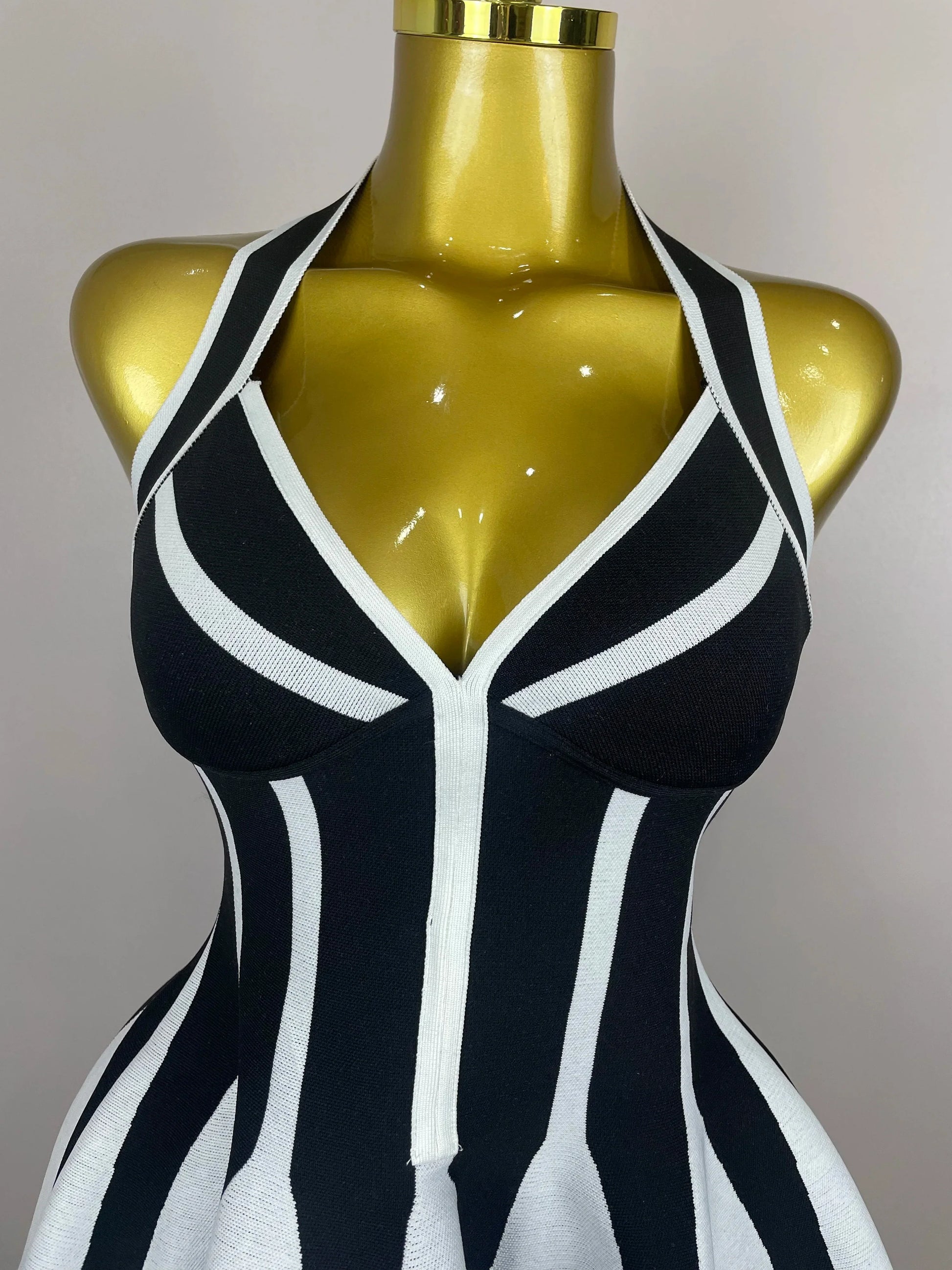 Sexy Backless Black White Stripes Halter Bandage A Line Short Dress Women Celebrity Elegant Evening Party Holiday Club Dress