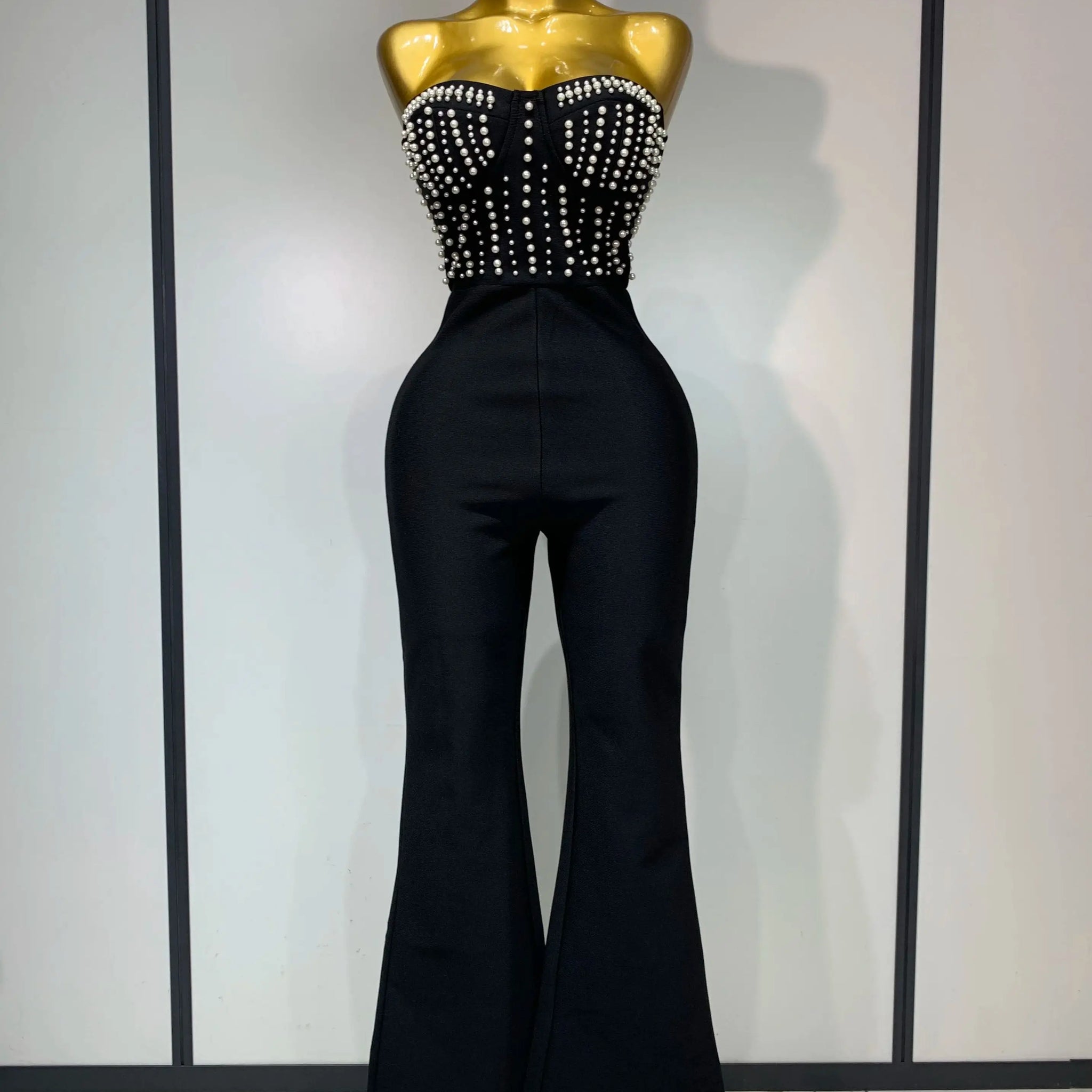 Women Sexy Black Sleeveless Backless Pearls Beaded StraplessBeading Bodycon Bandage Jumpsuit Evening Party Birthday Club Outfit black