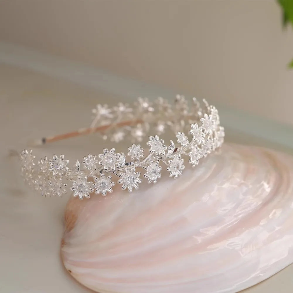 Flower Headband Hairband Silver Color Headpiece Bride Women Zircon Headwear Headdress Bridal Hair Jewelry Wedding Accessories
