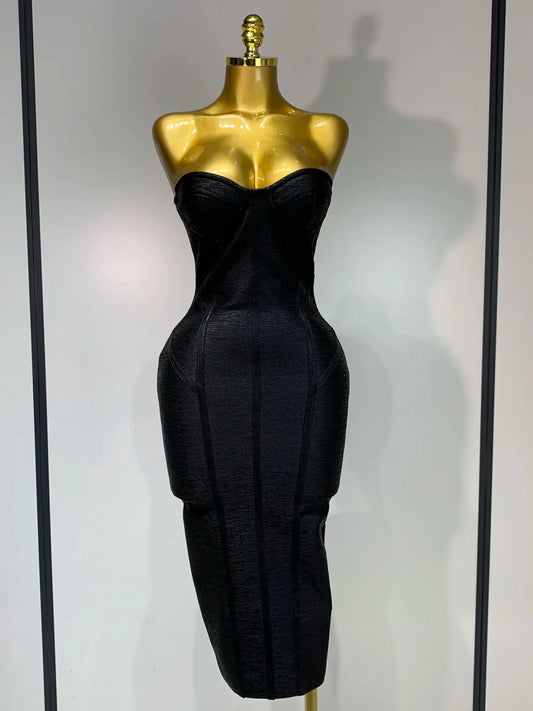 New Women Sexy Strapless Black Foil Color Bodycon Bandage Dress Fashion Celebrate Evening Party Luxury Birthday Dresses black