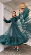 Long Sleeves Prom Gowns A Line Tulle Tiered Skirt Short Formal Special Party Dresses Women Bridesmaid Dress