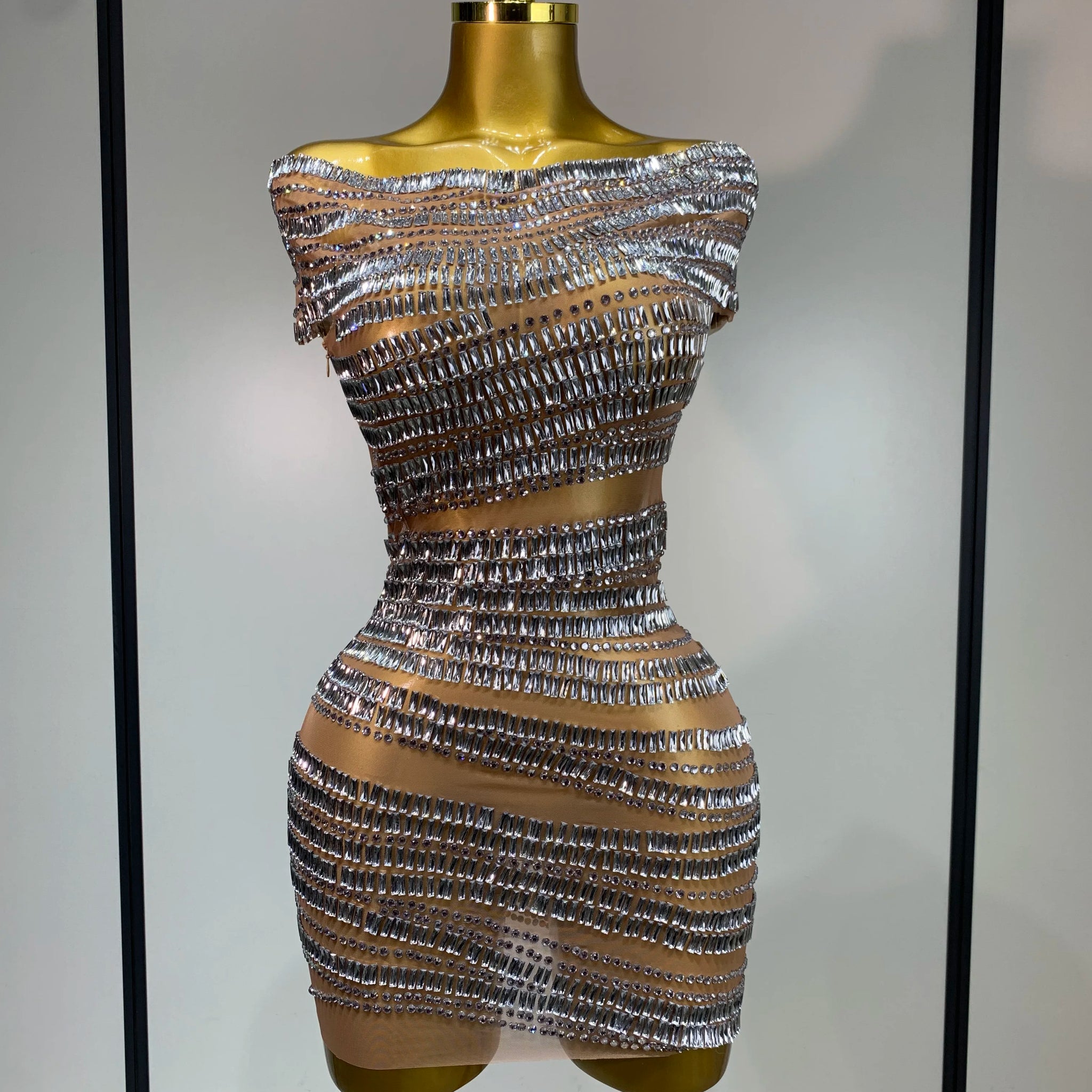 Luxury Sparkly Rhinestones Sexy Mesh Mini Dress Women Celebrate Birthday Evening Party Club Photo Shoot Dress Stage Outfit Silver