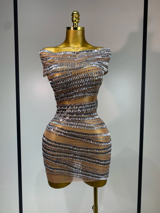 Luxury Sparkly Rhinestones Sexy Mesh Mini Dress Women Celebrate Birthday Evening Party Club Photo Shoot Dress Stage Outfit Silver