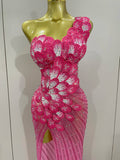 Luxury Shinning Rhinestones Flowers Sexy One Shoulder Bodycon Maxi Long Dress Women Evening Birthday Party Stage Costume