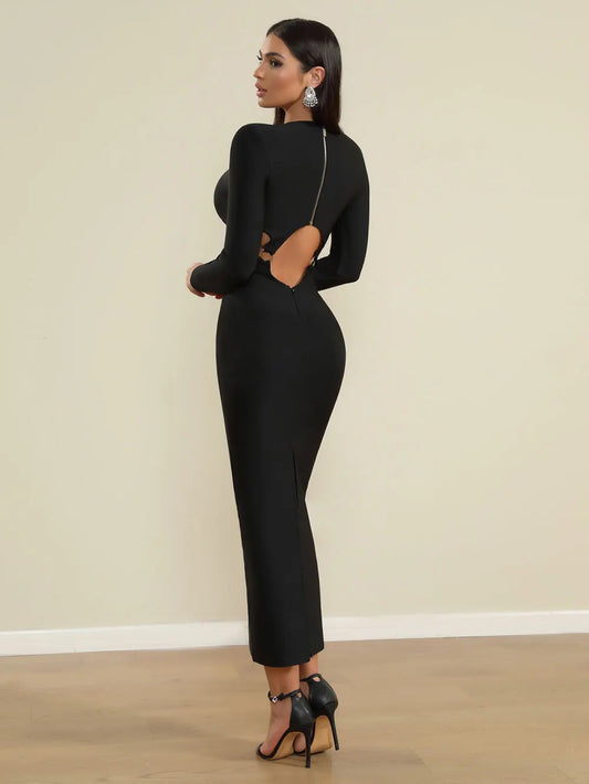 Spring Women's Open Waist Design Black Bandage Dresses O-Neck Long Sleeve Bodycon Long Dress Evening Club Party Vestidos