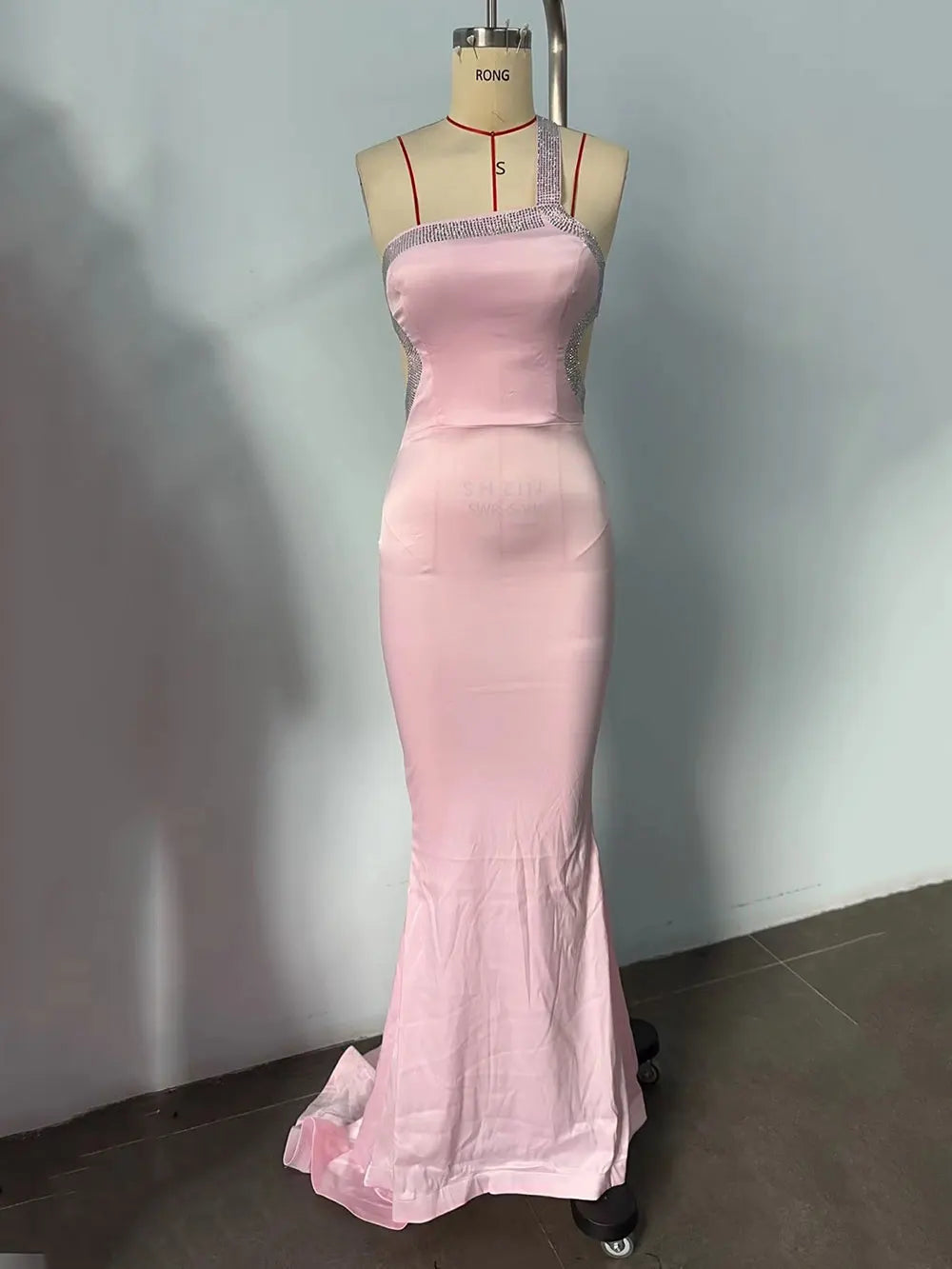 2025 Sexy Women's Hot Diamond Single Shoulder Sleeveless Swallowtail Dress Bodycon Draped Bareback Pink Long Dress Cocktail Even Pink