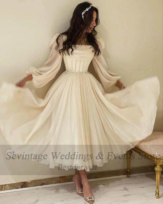 Ivory Long Sleeve Chiffon Short Prom Dresses Pleats Fitted Bones Beaded Formal Party Women Gowns Dubai Evening Dress
