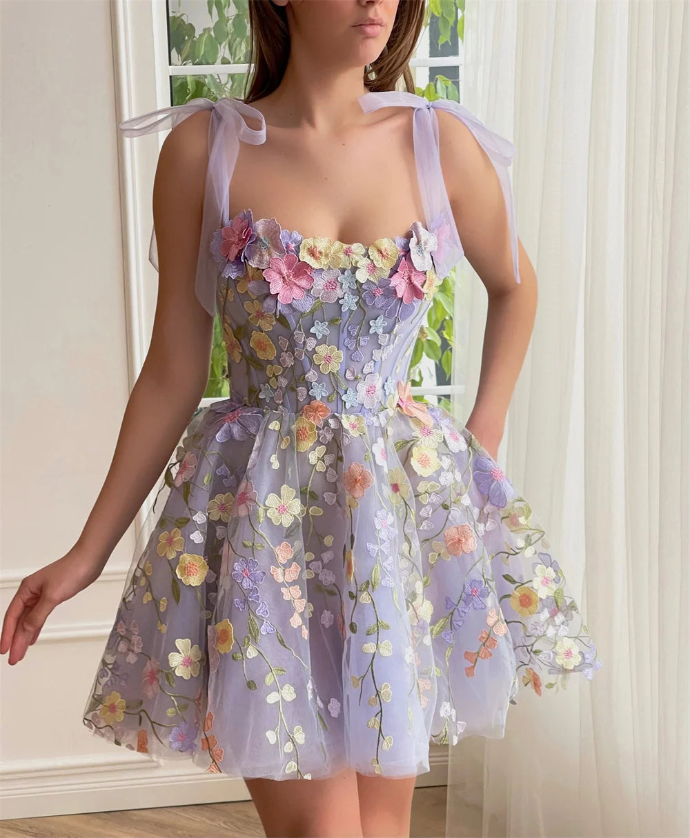 Amanda 2024 Sweet Mini Flower Vestido De Novia Cute Spaghetti Strap Evening Dress Lavender 3D Flower Short Prom Dress 2024