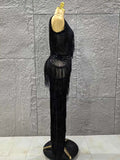 Black Color Women Sleeveless Sexy V-Neck Shinning Tassels Bodycon Jumpsuit Celebrate Birthday Party Peformance Stage Wear