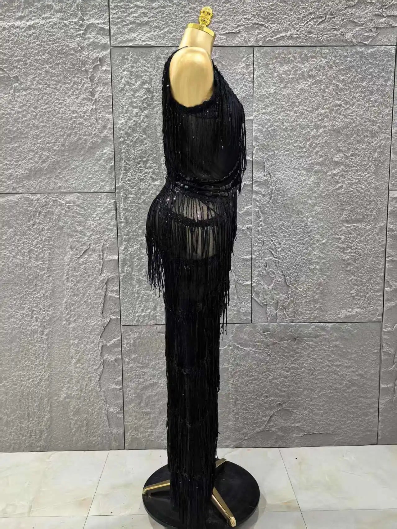 Black Color Women Sleeveless Sexy V-Neck Shinning Tassels Bodycon Jumpsuit Celebrate Birthday Party Peformance Stage Wear