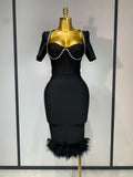 Women Sexy Luxury Rhinestone Short Sleeve Bodycon Dress Party Evening Celebrate Birthday Black Bandage Club Prom Gown black