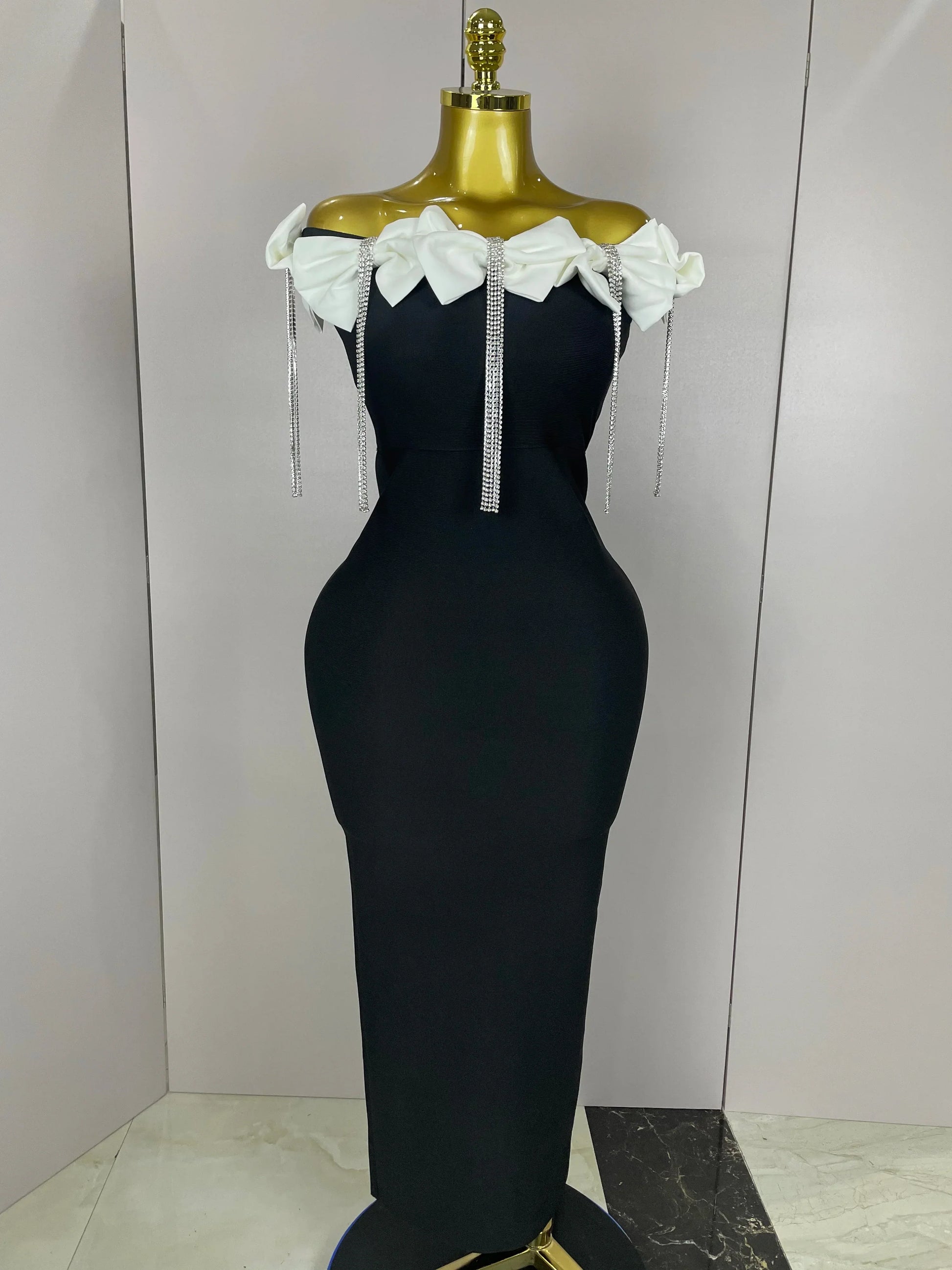 Women Celebrity Sexy Off Shoulder Flower Diamonds Black Bow Tie Maxi Long XL Bandage Dress Elegant Evening Club Party Dress WHITE