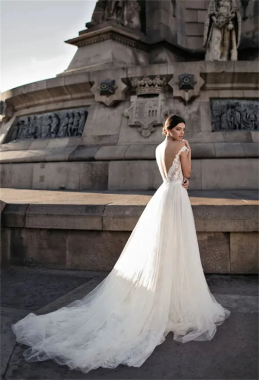 Verão querida praia vestido de casamento renda sem costas fora do ombro apliques boêmio vestidos de noiva feminino uma linha roupões de mariée