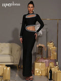 Sexy Women's Pearl Nail Bead Design Bandage Long Dress Stand Collar Long Sleeve Bodycon Hollow Dress Cocktail Banquet Dress