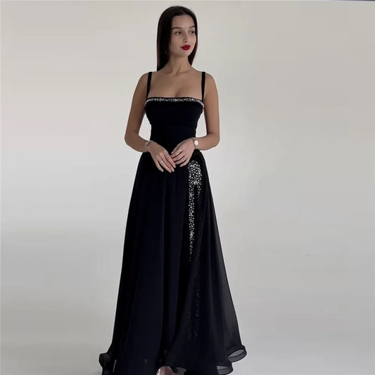 Black Prom Dress A-Line Spaghetti Strap Side Slit Floor Length Evening Dress vestidos para eventos especiales Black