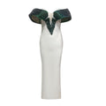 Ladies Women Celebrity Sexy Off Shoulder Pearl White Bodycon Maxi Long Bandage Dress Elegant Evening Club Party Outfit