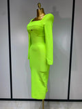 Women Sexy Long Sleeve Square Collar Fluorescent Green Midi Bodycon Bandage Dress Elegant Evening Birthday Party Dresses