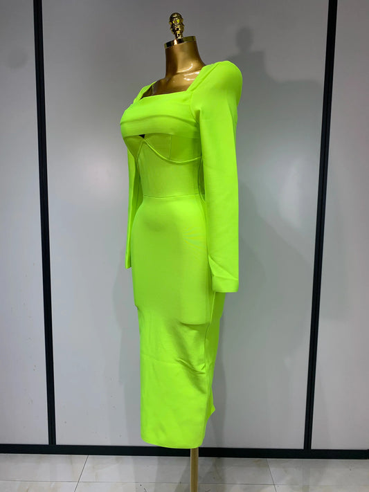Women Sexy Long Sleeve Square Collar Fluorescent Green Midi Bodycon Bandage Dress Elegant Evening Birthday Party Dresses