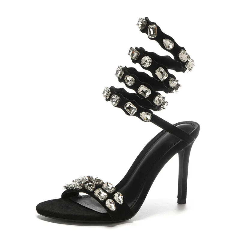 Star style Luxury Crystal Embellished Wraparound Women Sandals Stiletto High heels Gladiator Sandals Summer Wedding Prom Shoes Black