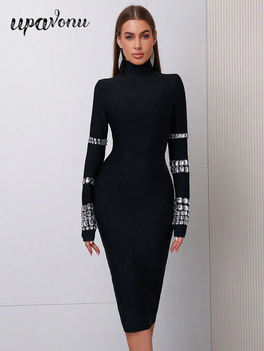 Elegant Women's Bead Design Bandage Dress High Neck Long Sleeve Bodycon Flute Dress Cocktail Evening Party Vestidos