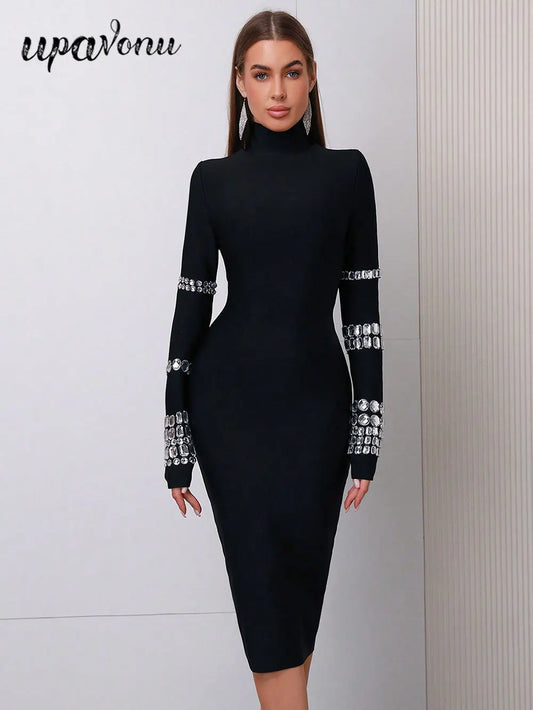 Elegant Women's Bead Design Bandage Dress High Neck Long Sleeve Bodycon Flute Dress Cocktail Evening Party Vestidos