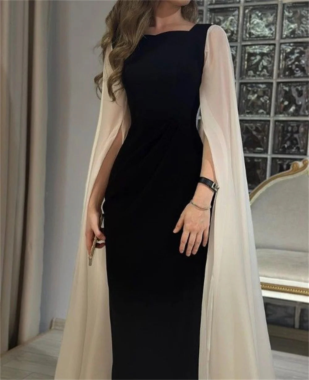 Elegant Champagne Cape Sleeve Mermaid Evening Dress Black Trumpet Prom Dress Gentle Party Dress فساتين مناسبة رسمية