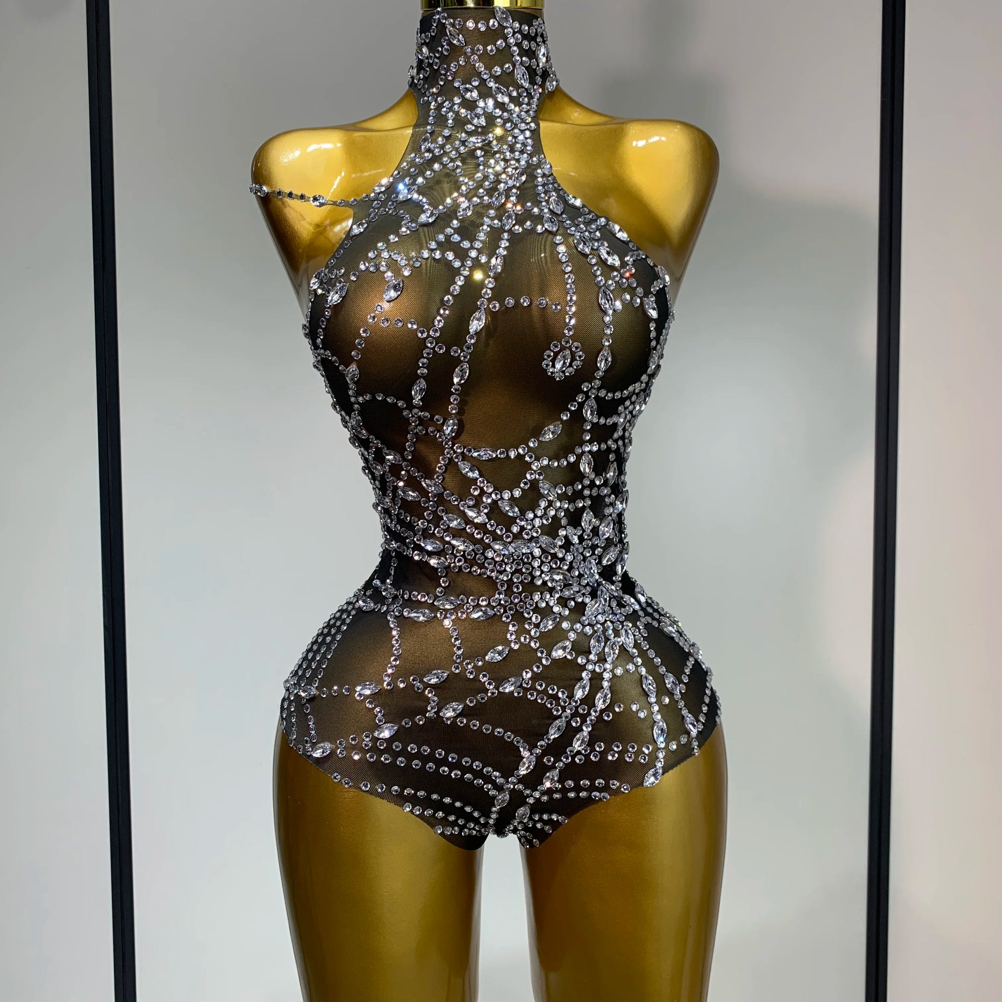 Sparkly Diamond Sexy Mesh See Through Stretch Bodysuits Women Evening Party Birthday Nightclub Bar Gogo Dancer Stage Costume bodysuit