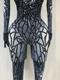 Women Sexy Black Rhinestone Stretch Bodycon Jumpsuit Club Evening Party Birthday Wear Singer Dancer Stage Perform Costume