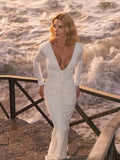 Modphy Sexy V-neck splicing 3D Flower Fold Tight Long Dress Women Long sleeves Solid White Party Evening Wedding Gowns