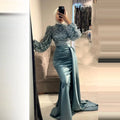 Customized 2025 Elegant Muslim Mermaid Evening Dresses High Neck Lace Appliques Party Satin Prom Dress 2022 Formal Mother Dress Yellow