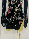 Sexy Sparkle Multicolor Rhinestones Black Velvet Gloves Slit Short Dress Women Evening Birthday Party Club Stage Costume
