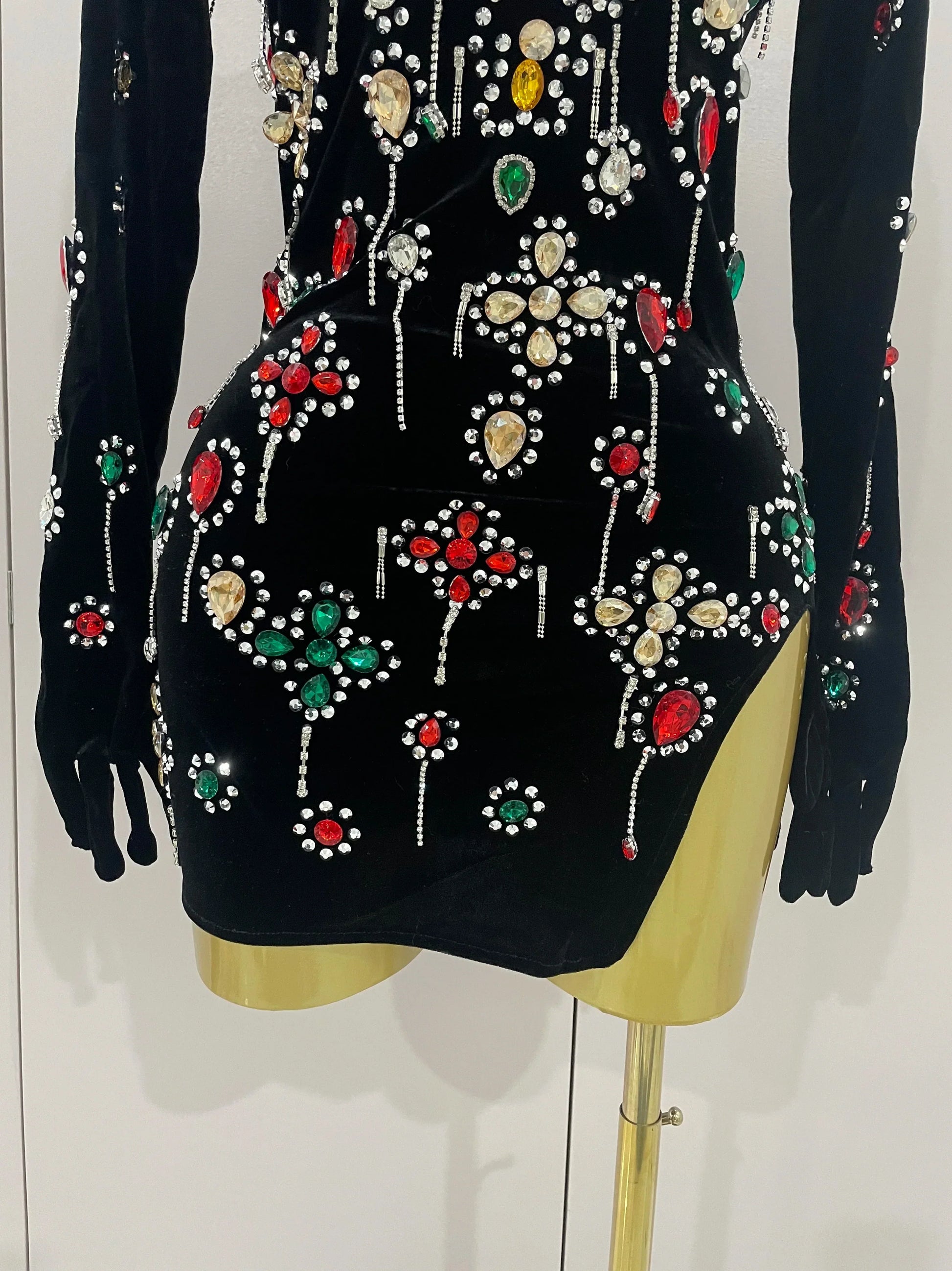 Sexy Sparkle Multicolor Rhinestones Black Velvet Gloves Slit Short Dress Women Evening Birthday Party Club Stage Costume