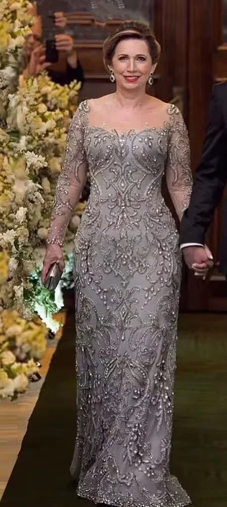 Customized Luxury Full Sleeves Mother Of The Bride Dress Scoop Neck Beaded For Women Evening Dresses vestidos de fiesta elegante picture color