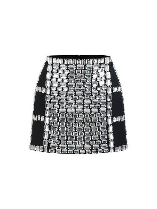 Women Light Luxury Nail Bead Short Skirt Sets With Hanging Neck Style Sleeveless Ultra Short Top + Mini Skirt Two-Piece Set