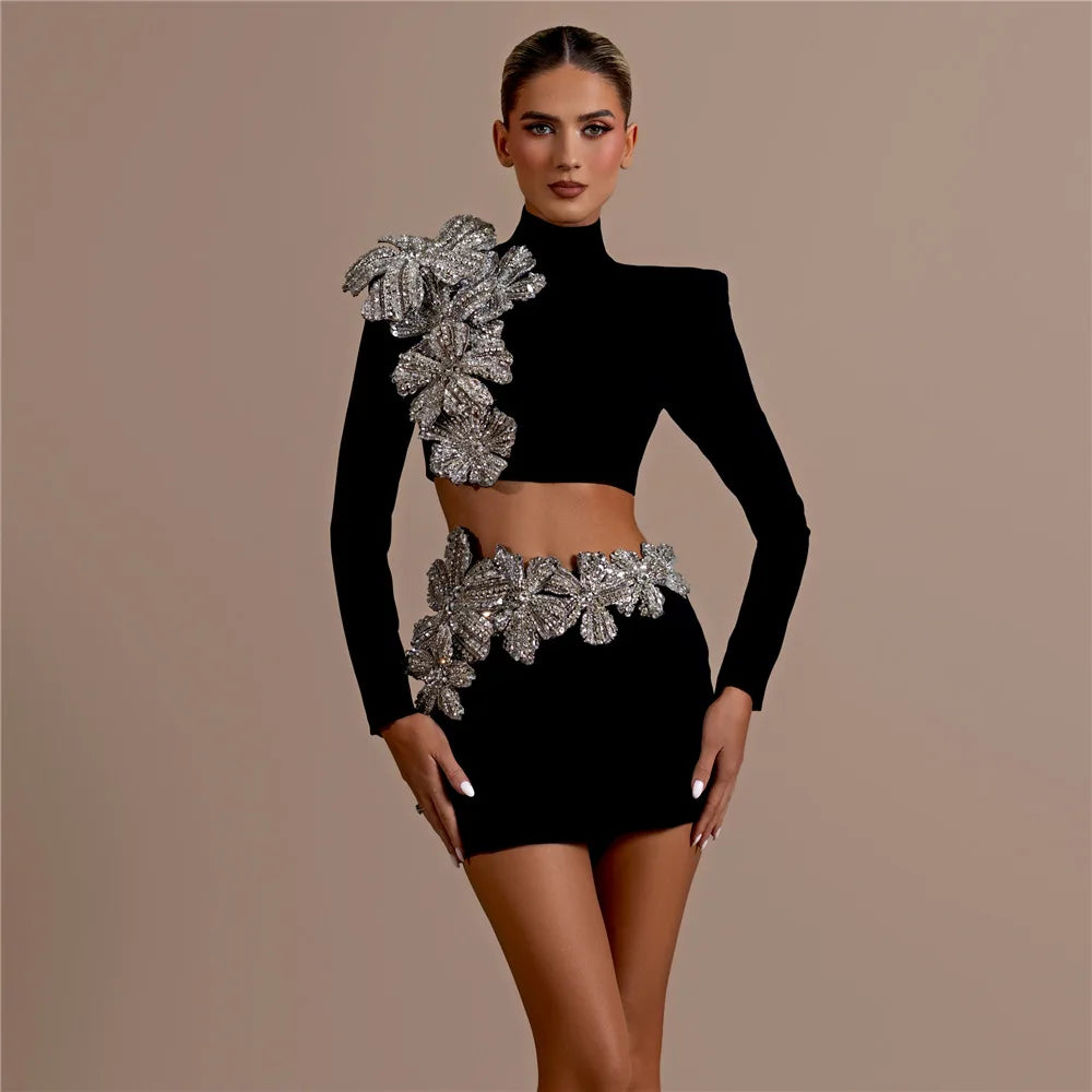 High Quality Women Long Sleeve Diamond Florals Bodycon 2 Pieces Mini Bandage Dress Celebrate Nightclub Party Birthday Dress