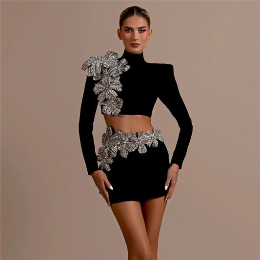 High Quality Women Long Sleeve Diamond Florals Bodycon 2 Pieces Mini Bandage Dress Celebrate Nightclub Party Birthday Dress