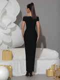 Sexy Off Shoulder Diamond Tight Bandage Maxi Long Dress Women's Short Sleeve Elegant Celebrity Evening Party Gowns