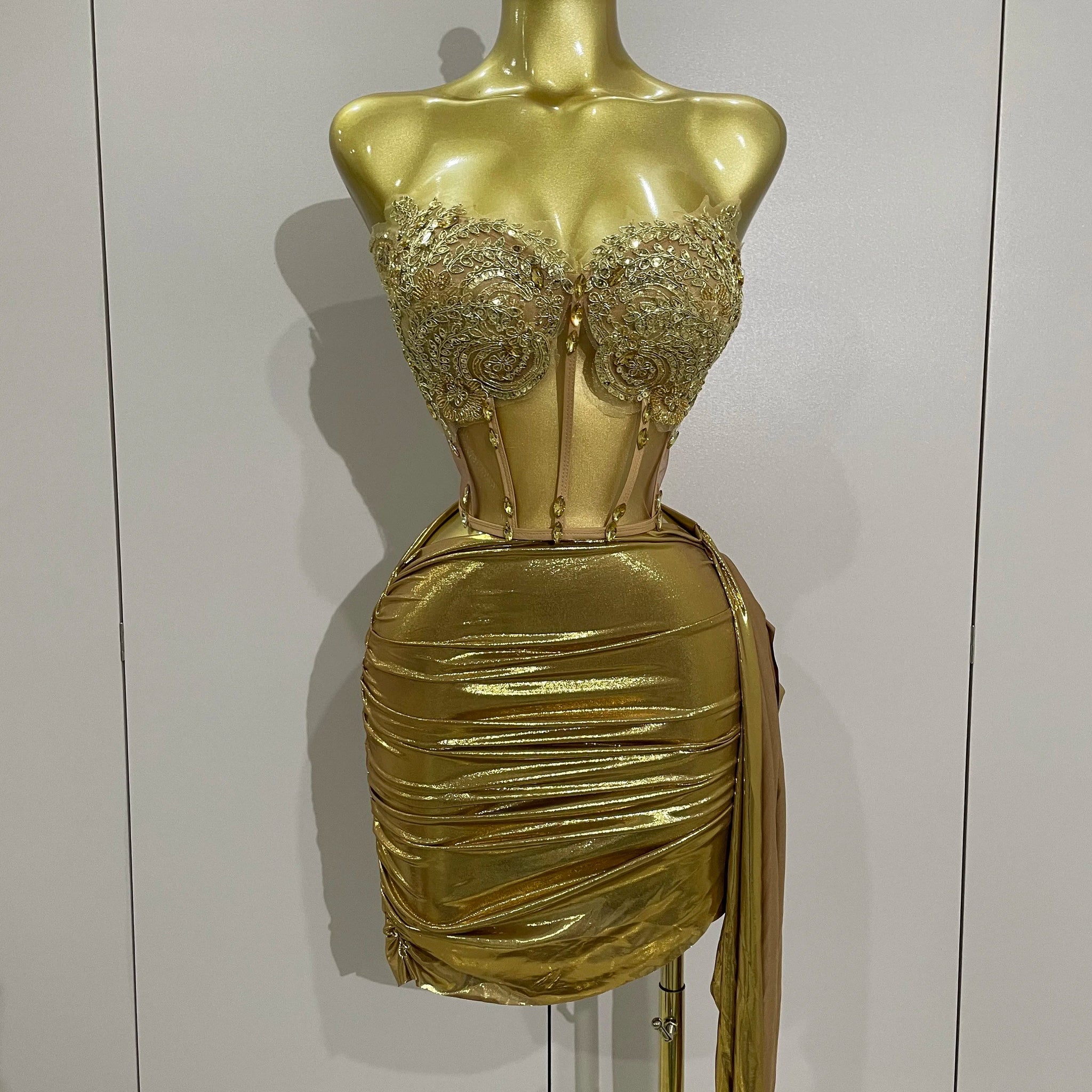 Sparkly Gold Sexy Top Two Pieces Short Skirt Set Women Celebrate Birthday Dress Party NightClub Dancer Show Stage Outfit Gold