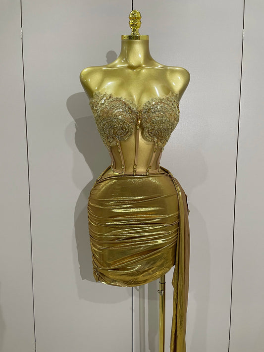 Sparkly Gold Sexy Top Two Pieces Short Skirt Set Women Celebrate Birthday Dress Party NightClub Dancer Show Stage Outfit Gold