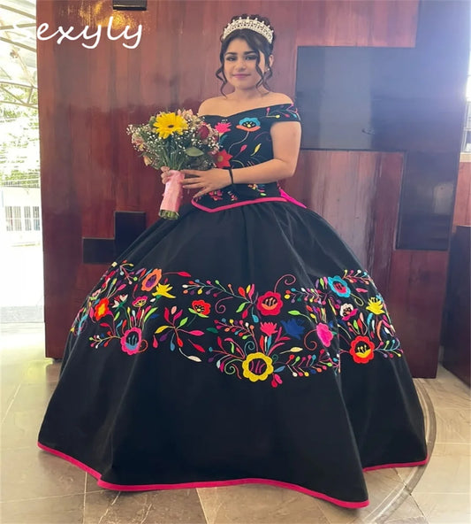Black Mexican Quinceanera Dresses Charro Vestidos De 15 Xv Anos Satin Vestio De Novias Off Shoulder Halloween Costume Customized black