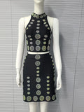 Sexy Women's Hot Diamond Top+Bandage Short Skirt Sets O-neck Sleeveless Short Tank Top+High Waist Short Skirt Two Piece Set black