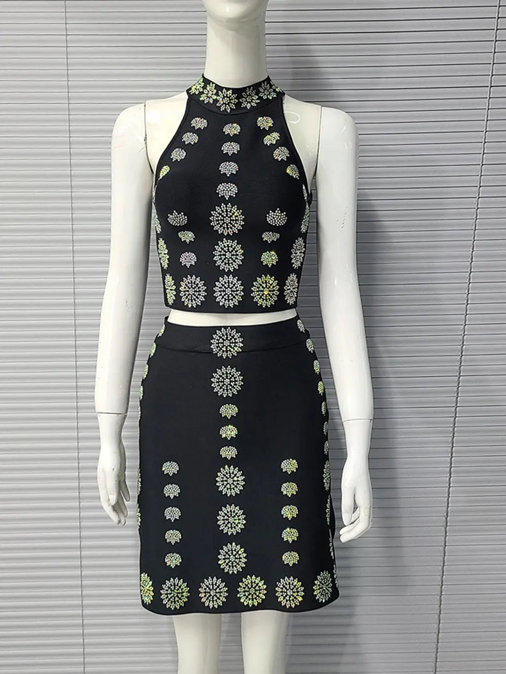 Sexy Women's Hot Diamond Top+Bandage Short Skirt Sets O-neck Sleeveless Short Tank Top+High Waist Short Skirt Two Piece Set black