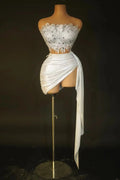 Sexy Women Shinning Sequins 2 Pieces Bodycon Mini Dress Fashion Celebrate Nightclub Party Bar Singer Performance Costume WHITE