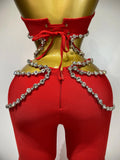 Women Luxury Rhinestone Red Sexy Cut Out Two Piece Pants Bandage Set Celebrity Designer Fashion Women's Set Stage Outfit