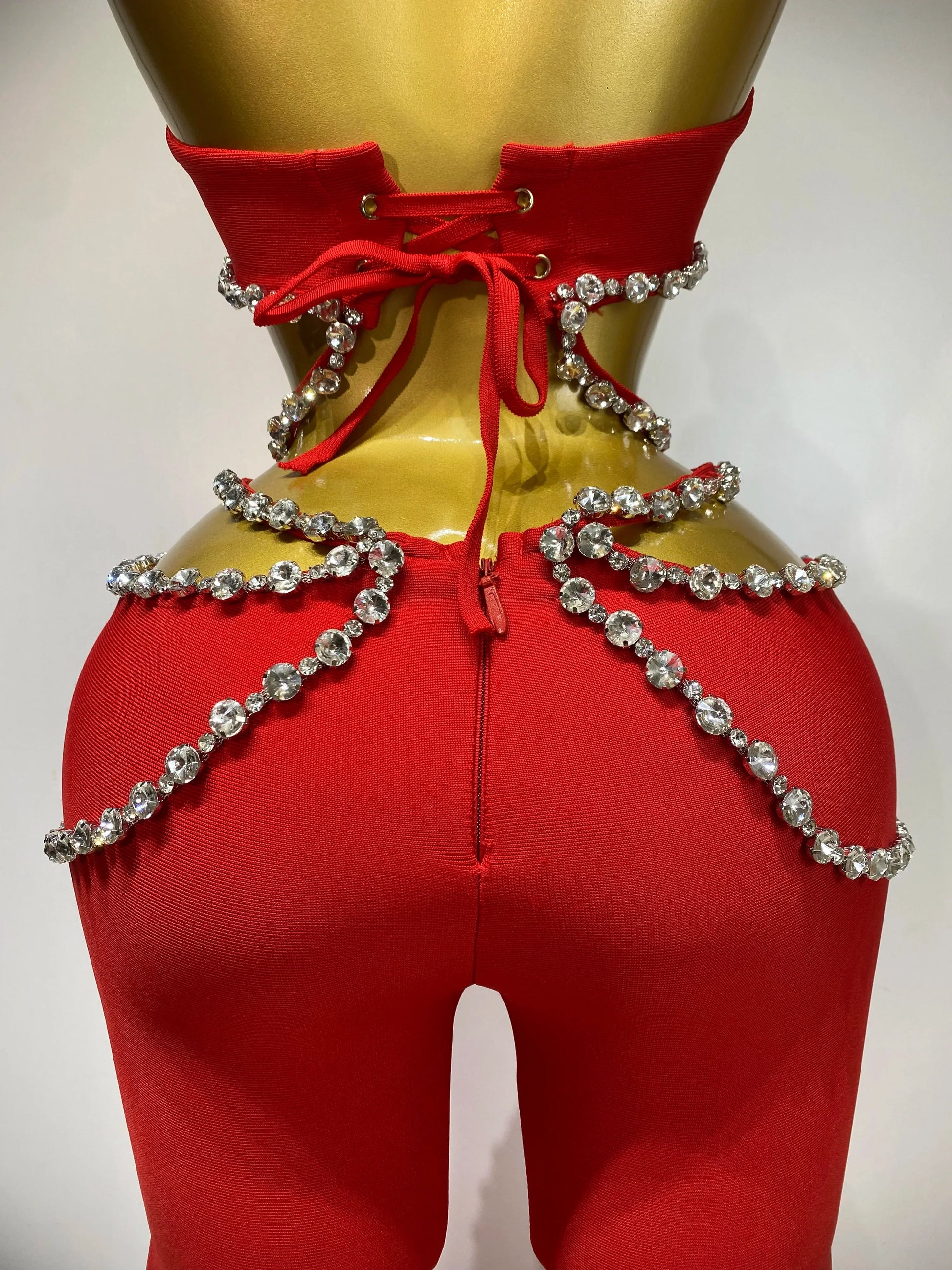 Women Luxury Rhinestone Red Sexy Cut Out Two Piece Pants Bandage Set Celebrity Designer Fashion Women's Set Stage Outfit