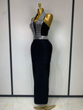 Women Celebrity Sexy Halter Diamonds Black Midi Bodycon Bandage Dress Elegant Evening Club Party Outfit Luxury Birthday Dress