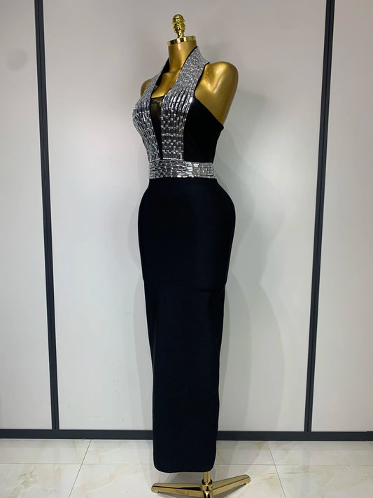 Women Celebrity Sexy Halter Diamonds Black Midi Bodycon Bandage Dress Elegant Evening Club Party Outfit Luxury Birthday Dress